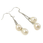 Freshwater Pearl Örhängen, mässing örhänge krok, platina pläterad, vit, 8-10mm, 50-52mm, Säljs av Par