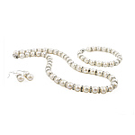 Naturliga Odlade Sötvatten Pearl Jewelry Sets, armband & örhänge & halsband, Freshwater Pearl, med STRASS, mässing bajonett lås, mässing örhänge krok, Rund, vit, 8-9mm, 40x8mm, Längd 16.5 inch,  7.5 inch, Säljs av Ställ