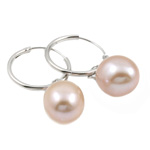 Freshwater Pearl øreringe, Ferskvandsperle, messing ørering klip, platin farve forgyldt, lyserød, 9-10mm, Solgt af par