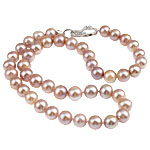 Collar de Perlas Natural de Freshwater, Perlas cultivadas de agua dulce, con diamantes de imitación, latón cierre, Esférico, Rosado, 9-10mm, Vendido para 17 Inch Sarta