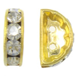 Strass Spacers, Messing, Maan, gold plated, met strass & dubbel-gat, 7x13x4mm, Gat:Ca 1mm, 300pC's/Bag, Verkocht door Bag