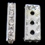 Distanziali con strass, ottone, Rettangolo, placcato color platino, 3 fori & con strass di grado A, 8x19x4mm, Foro:Appross. 2mm, 100PC/borsa, Venduto da borsa