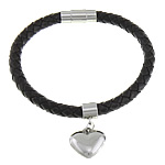 Bracciale in cuoio, corda in pelle di vitello, with 316L acciaio inox, Cuore, nero, 16x27mm, 6mm, 18x8mm, Venduto per Appross. 8.5 pollice filo