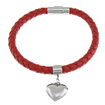 Pulsera de cuero, Cuero de vaca, con acero inoxidable 316L, Corazón, Rojo, 16x27mm, 6mm, 18x8mm, Vendido para aproximado 8.5 Inch Sarta