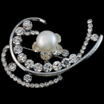 Strass Broche, Bergkristal, met Zoetwater Parel & Messing, met strass, zilver, 40x42x16mm, 9-10mm, Verkocht door PC