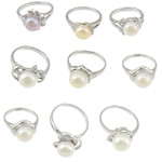 Freshwater Pearl fingerring, Ferskvandsperle, med Messing, platin farve forgyldt, med rhinestone & blandet, 8-8.5x10-11.8mm, Størrelse:5-9.5, 10pc'er/Lot, Solgt af Lot