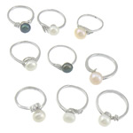 Sötvatten Pearl Finger Ring, Freshwater Pearl, med Mässing, platina pläterad, justerbar & med strass & blandad, 7.2-7.8mm, Storlek:5-8, 50PC/Lot, Säljs av Lot