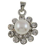 Freshwater Pearl Vedhæng, Ferskvandsperle, med Rhinestone & Messing, Flower, naturlig, med rhinestone, hvid, nikkel, bly & cadmium fri, 19x24x10mm, Hole:Ca. 3x4.5mm, Solgt af PC