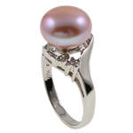 Slatkovodni Pearl Finger Ring, s 925 Sterling Silver, Krug, s Rhinestone, ljubičasta boja, 21x31x12.50mm, Rupa:Približno 16-18mm, Veličina:5, Prodano By PC