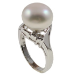 Freshwater Pearl fingerring, Ferskvandsperle, med Rhinestone & 925 Sterling Sølv, hvid, 21x31x12.50mm, Hole:Ca. 16-18mm, Størrelse:5, Solgt af PC