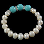 Fionnuisce saothraithe Pearl Bracelet, Pearl Fionnuisce, le Turquoise Nádúrtha & Rhinestone & Prás, bán, 12mm, Díolta Per 7.5 Inse Snáithe