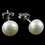 Freshwater Pearl øreringe, Ferskvandsperle, med Rhinestone, messing ørering indlæg, Runde, hvid, 6-7mm, Solgt af par