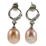 Freshwater Pearl Earrings with Rhinestone brass post pin Teardrop natural pink Sold By Pair