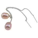 Freshwater Pearl øreringe, Ferskvandsperle, messing ørering indlæg, Oval, lilla, 10-11mm, 100mm, Solgt af par