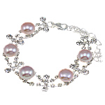 Sötvatten odlade Pearl Bracelet, Freshwater Pearl, med STRASS & Mässing, järn Karbinlås, naturlig, purpur, 10mm, Såld Per Ca 6 inch Strand