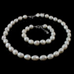 Gioielli perle naturali coltivate d'acquadolce, Bracciale & Collana, perla d'acquadolce coltivata naturalmente, ottone laccetto, Riso, naturale, bianco, 11-12mm, Lunghezza 16.5 pollice,  7 pollice, Venduto da set