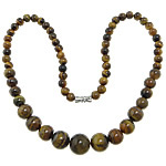 Gemstone smykker halskæde, Tiger Eye, zinklegering skrue lås, Runde, 6-12mm, Længde 18 inch, 5Strands/Lot, Solgt af Lot