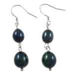 Boucles d'oreilles en perles d'eau douce, perle d'eau douce cultivée, argent pur boucle d'oreille crochet, ovale, naturel, noire, 9x45mm, Vendu par paire