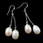 Freshwater Pearl Örhängen, sterlingsilver örhänge krok, vit, 9-10mm, 50mm, Säljs av Par