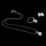 Naturliga Odlade Sötvatten Pearl Jewelry Sets, finger ring & örhänge & halsband, Freshwater Pearl, med Mässing, mässing fjäder ring spänne, mässing örhänge inlägg, platina pläterad, 8.5x17.5x8.5mm, 21.5x28.5x11mm, 8x11x9mm, Storlek:8, Längd 16.5 inch, Säljs av Ställ