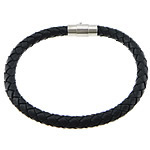 cuir de peau de vache bracelet, laiton fermoir magnétique, Placage de couleur platine, noire, protéger l'environnement, sans nickel, plomb et cadmium, 6mm, 17x8mm, Longueur 7.5 pouce, 50Strandstoron/lot, Vendu par lot