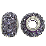 Perles European en résine, rondelle, Placage de couleur platine, noyau double en laiton sans filetage & avec strass, violet, 9x15mm, Trou:Environ 5mm, 50PC/lot, Vendu par lot