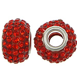 Perles European en résine, rondelle, Placage de couleur platine, noyau double en laiton sans filetage & avec strass, rouge, 9x15mm, Trou:Environ 5mm, 50PC/lot, Vendu par lot