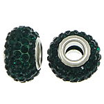 Perles European en résine, rondelle, Placage de couleur platine, noyau double en laiton sans filetage & avec strass, vert, 9x15mm, Trou:Environ 5mm, 50PC/lot, Vendu par lot