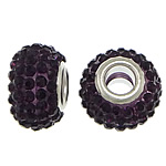 Perles European en résine, rondelle, Placage de couleur platine, noyau double en laiton sans filetage & avec strass, violet foncé, 9x15mm, Trou:Environ 5mm, 50PC/lot, Vendu par lot