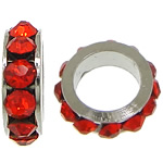 Strass Spacers, Zinc Alloy, Rondelle, platinum plated, met strass, rood, nikkel, lood en cadmium vrij, 3x8mm, Gat:Ca 5mm, 200pC's/Lot, Verkocht door Lot