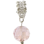 European stile Zinc Alloy pendenti, lega in zinco, with cristallo, Cerchio, placcato color argento, senza filo & sfaccettati, rosa fucsia, assenza di nichel,piombo&cadmio, 25mm, 10x13mm, Foro:Appross. 5mm, 200PC/lotto, Venduto da lotto