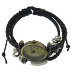 Montre bracelet de femmes, alliage de zinc, avec cuir & corde de cire & verre & plastique revêtu de cuivre, Plaqué de couleur de bronze antique, protéger l'environnement, sans nickel, plomb et cadmium, 26x35.50x14mm, Longueur Environ 7.5 pouce, Vendu par PC