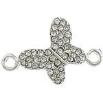 Connecteur en alliage de Zinc animal, papillon, Placage de couleur argentée, avec strass & boucle de 1/1, protéger l'environnement, sans nickel, plomb et cadmium, 27x18x3mm, Trou:Environ 2mm, 100PC/lot, Vendu par lot