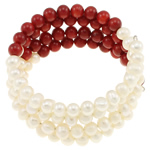 Ferskvandsperle Bangle, med Natural Coral, naturlig, 4-streng & to tone, 6mm, Solgt Per Ca. 26.5 inch Strand