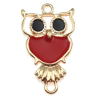 Connecteur en alliage de Zinc animal, hibou, Plaqué de couleur d'or rose, émail & boucle de 1/1, rouge, protéger l'environnement, sans nickel, plomb et cadmium, 17x30x3mm, Trou:Environ 3mm, 100PC/lot, Vendu par lot