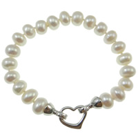 Freshwater Pearl Armband, mässing lås, naturlig, vit, 9-10mm, Såld Per Ca 6.8 inch Strand