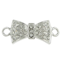 Connettore in lega di zinco bowknot, lega in zinco, Nodo di Cravatta, placcato color argento, con strass & 1/1 anello del connettore, assenza di nichel,piombo&cadmio, 35x15x6mm, Foro:Appross. 4mm, 100PC/lotto, Venduto da lotto