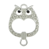 Connecteur en alliage de Zinc animal, hibou, Placage de couleur argentée, avec strass & boucle de 1/1, protéger l'environnement, sans nickel, plomb et cadmium, 23x32x4mm, Trou:Environ 3mm, 100PC/lot, Vendu par lot