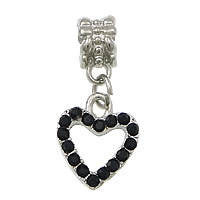 European stile Zinc Alloy pendenti, lega in zinco, Cuore, placcato color platino, senza filo & con strass, nero, assenza di nichel,piombo&cadmio, 13x15x2.5mm, 26mm, Foro:Appross. 5mm, 100PC/lotto, Venduto da lotto