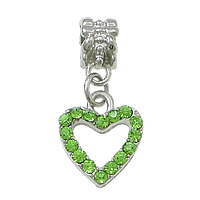 European stile Zinc Alloy pendenti, lega in zinco, Cuore, placcato color platino, senza filo & con strass, verde, assenza di nichel,piombo&cadmio, 13x15x2.5mm, 26mm, Foro:Appross. 5mm, 100PC/lotto, Venduto da lotto