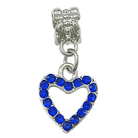 European stile Zinc Alloy pendenti, lega in zinco, Cuore, placcato color platino, senza filo & con strass, blu, assenza di nichel,piombo&cadmio, 13x15x2.5mm, 26mm, Foro:Appross. 5mm, 100PC/lotto, Venduto da lotto