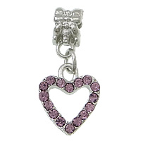 European stile Zinc Alloy pendenti, lega in zinco, Cuore, placcato color platino, senza filo & con strass, viola, assenza di nichel,piombo&cadmio, 13x15x2.5mm, 26mm, Foro:Appross. 5mm, 100PC/lotto, Venduto da lotto