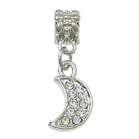 European stile Zinc Alloy pendenti, lega in zinco, Luna, placcato color platino, senza filo & con strass, assenza di nichel,piombo&cadmio, 8x16x2.5mm, 27mm, Foro:Appross. 5mm, 100PC/lotto, Venduto da lotto