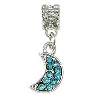 European stile Zinc Alloy pendenti, lega in zinco, Luna, placcato color platino, senza filo & con strass, blu, assenza di nichel,piombo&cadmio, 8x16x2.5mm, 27mm, Foro:Appross. 5mm, 100PC/lotto, Venduto da lotto