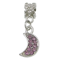 European stile Zinc Alloy pendenti, lega in zinco, Luna, placcato color platino, senza filo & con strass, viola, assenza di nichel,piombo&cadmio, 8x16x2.5mm, 27mm, Foro:Appross. 5mm, 100PC/lotto, Venduto da lotto