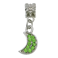 European stile Zinc Alloy pendenti, lega in zinco, Luna, placcato color platino, senza filo & con strass, verde, assenza di nichel,piombo&cadmio, 8x16x2.5mm, 27mm, Foro:Appross. 5mm, 100PC/lotto, Venduto da lotto