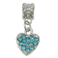 Pendentifs de style European en alliage de zinc , coeur, Placage de couleur platine, sans filetage & avec strass, bleu, protéger l'environnement, sans nickel, plomb et cadmium, 11x14x2.5mm, 25mm, Trou:Environ 5mm, 100PC/lot, Vendu par lot