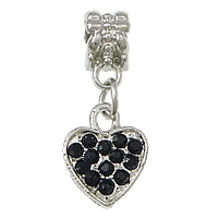 European stile Zinc Alloy pendenti, lega in zinco, Cuore, placcato color platino, senza filo & con strass, nero, assenza di nichel,piombo&cadmio, 11x14x2.5mm, 25mm, Foro:Appross. 5mm, 100PC/lotto, Venduto da lotto