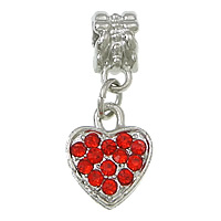 European stile Zinc Alloy pendenti, lega in zinco, Cuore, placcato color platino, senza filo & con strass, rosso, assenza di nichel,piombo&cadmio, 11x14x2.5mm, 25mm, Foro:Appross. 5mm, 100PC/lotto, Venduto da lotto