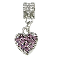 Pendentifs de style European en alliage de zinc , coeur, Placage de couleur platine, sans filetage & avec strass, violet, protéger l'environnement, sans nickel, plomb et cadmium, 11x14x2.5mm, 25mm, Trou:Environ 5mm, 100PC/lot, Vendu par lot